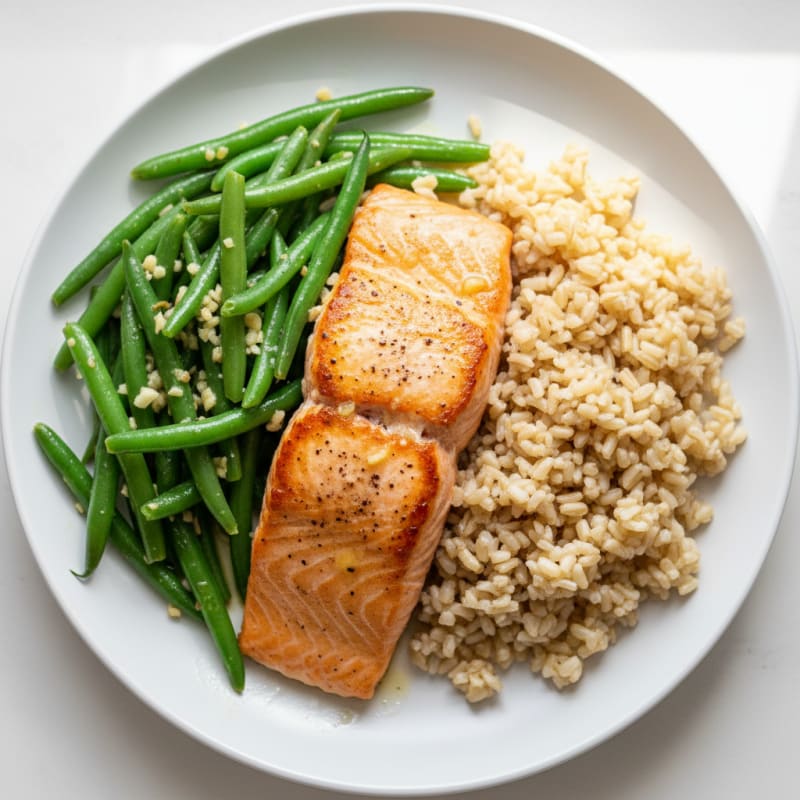 Seared Salmon with Garlic Green Beans and Brown Rice