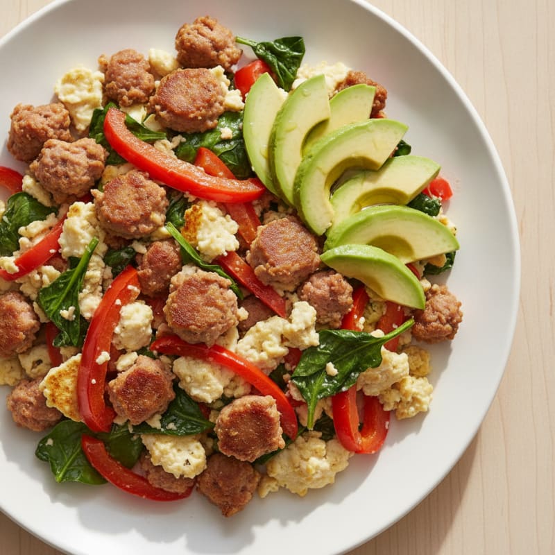Egg White and Turkey Sausage Scramble with Spinach and Bell Peppers