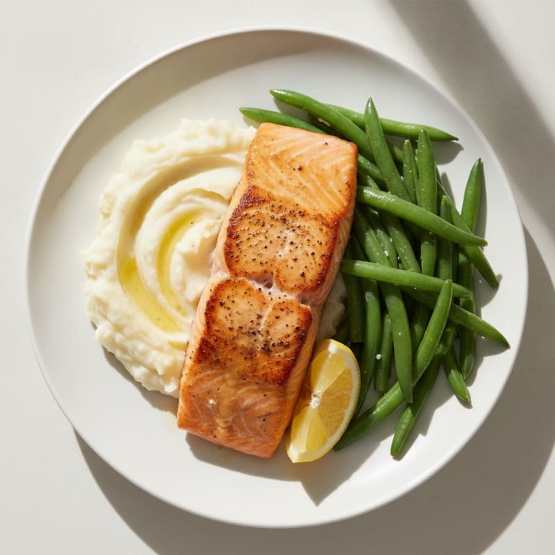 Pan-Seared Salmon with Steamed Green Beans and Garlic Mashed Potatoes