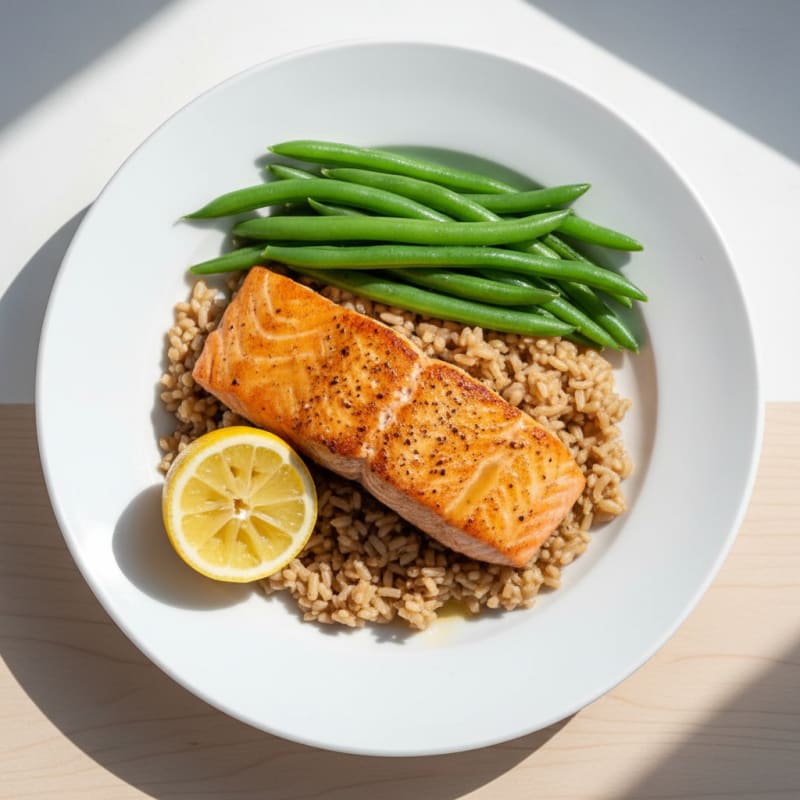 Seared Salmon with Brown Rice and Steamed Green Beans
