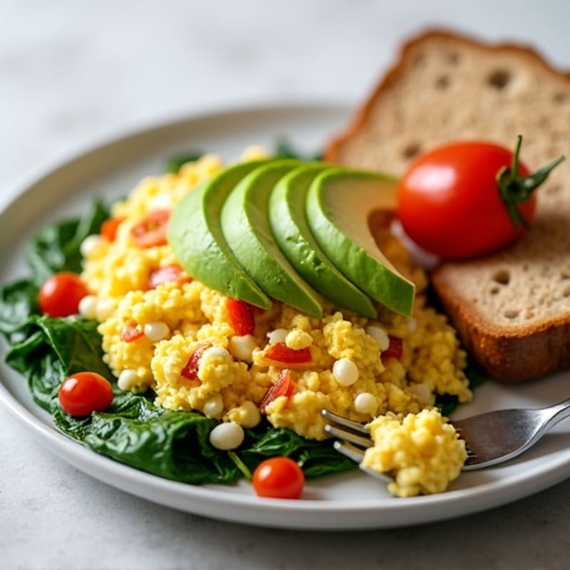 Egg White and Cottage Cheese Scramble with Spinach, Tomatoes, Avocado & Whole Wheat Toast