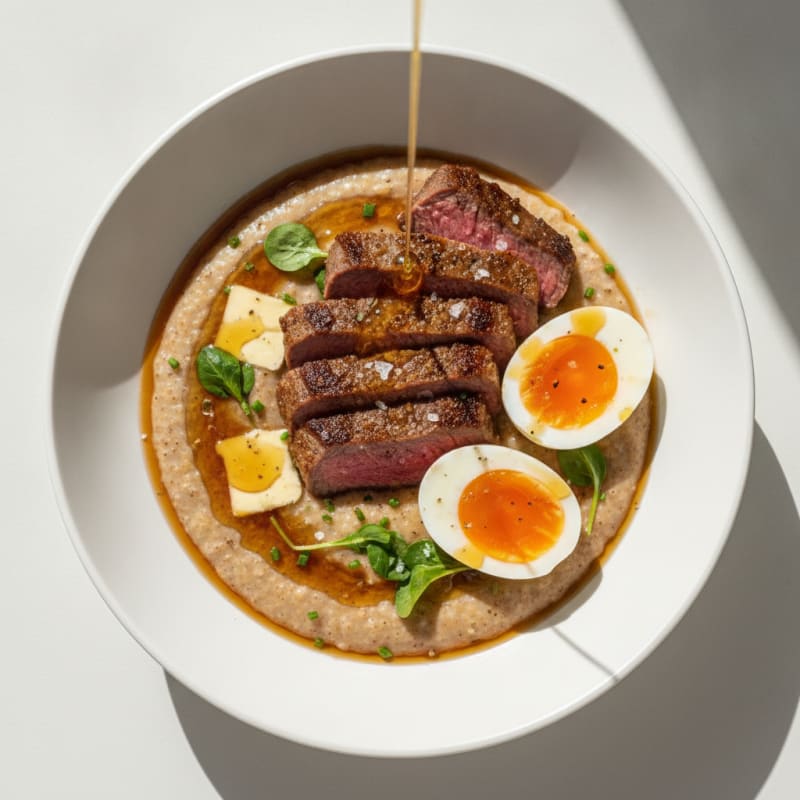 Maple Butter Ragi Porridge with Sirloin and Eggs