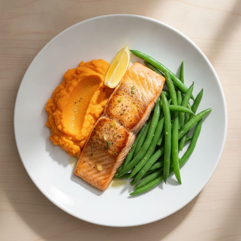 Seared Salmon with Steamed Green Beans and Sweet Potato Mash