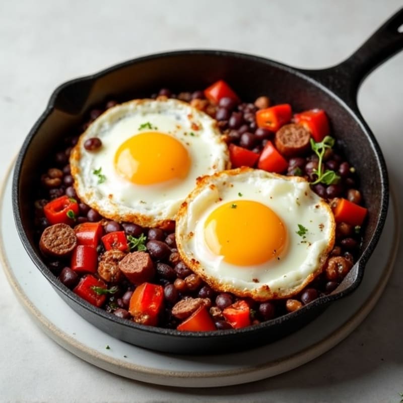 Spicy Black Bean Sausage Skillet with Sunny Eggs