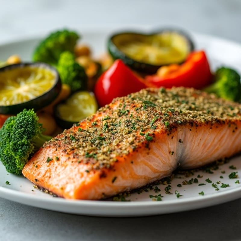 Herb-Crusted Pan Seared Salmon with Roasted Vegetables