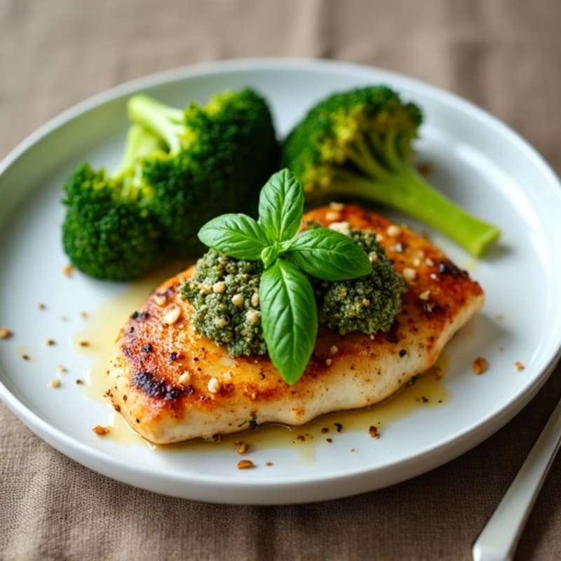 Pan-Seared Chicken with Fresh Basil Pesto and Roasted Broccoli