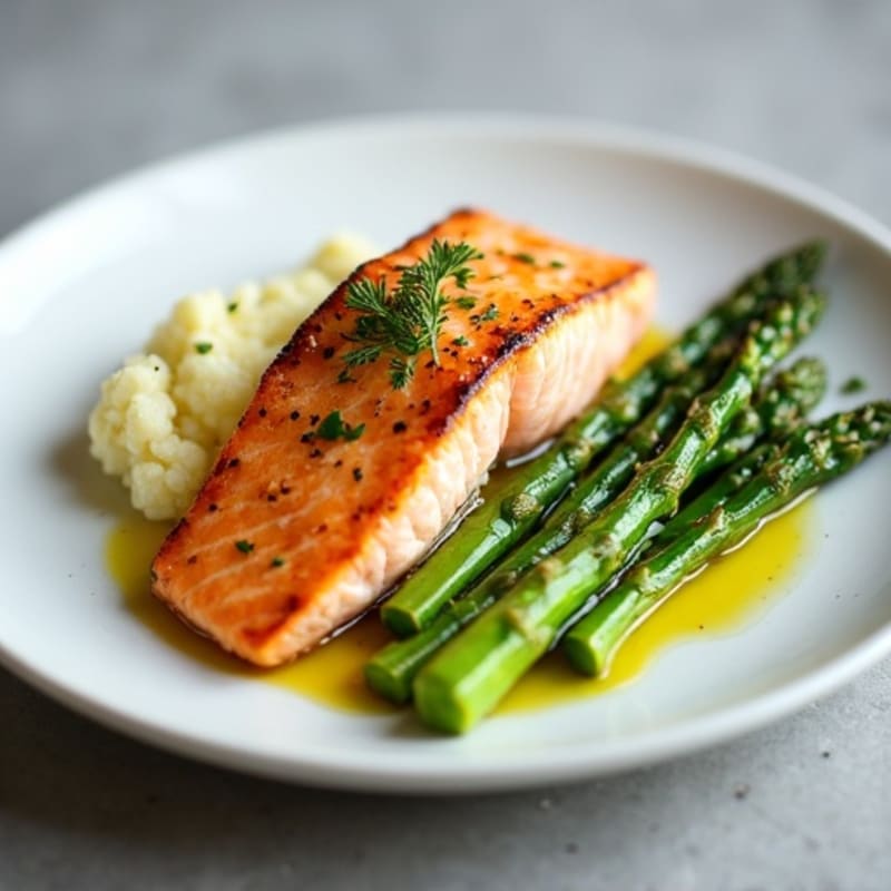 Seared Salmon with Steamed Asparagus and Garlic Mashed Cauliflower