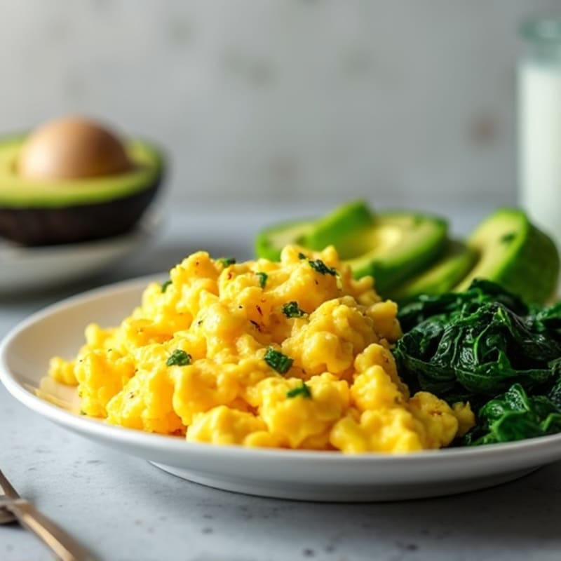 Fluffy Scrambled Eggs with Sautéed Spinach and Avocado