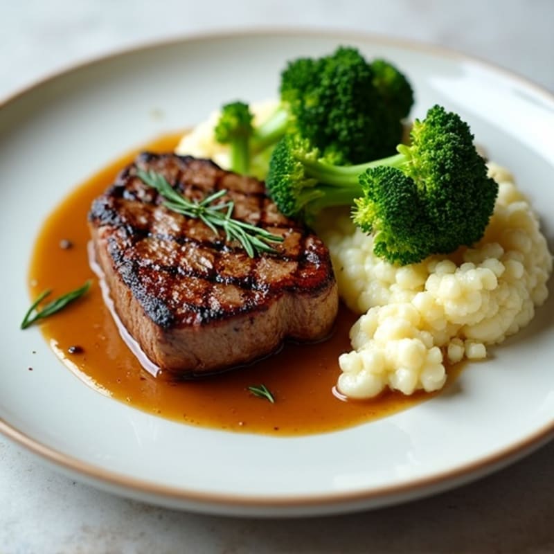 Seared Lean Beef with Roasted Broccoli and Cauliflower Mash