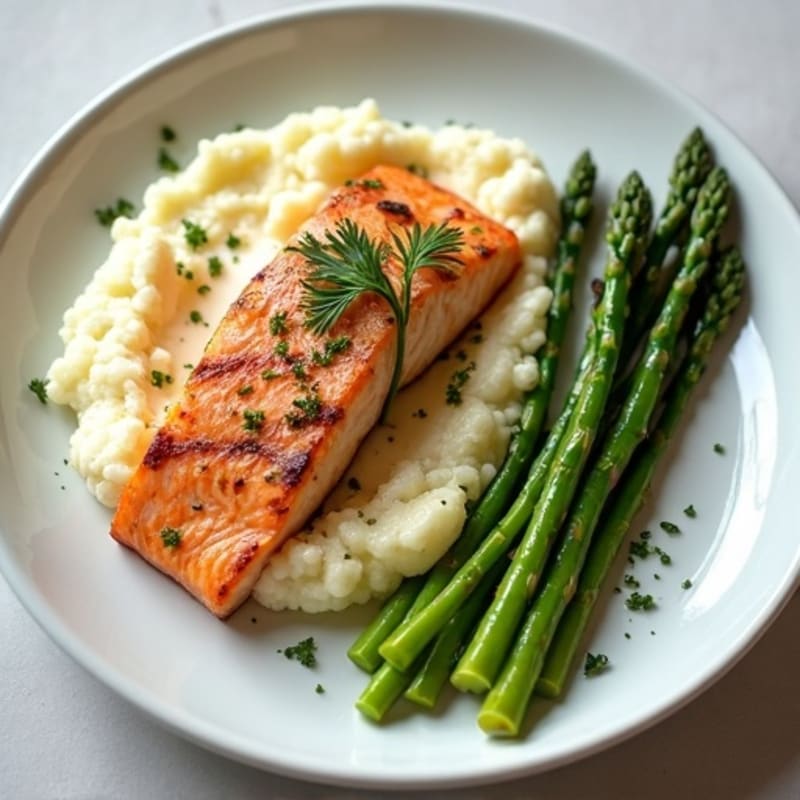 Seared Salmon with Steamed Asparagus and Cauliflower Mash