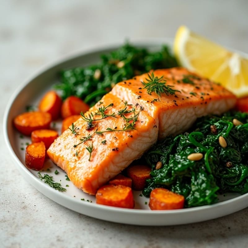 Flaky Lemon-Dill Salmon with Roasted Sweet Potatoes and Sautéed Spinach