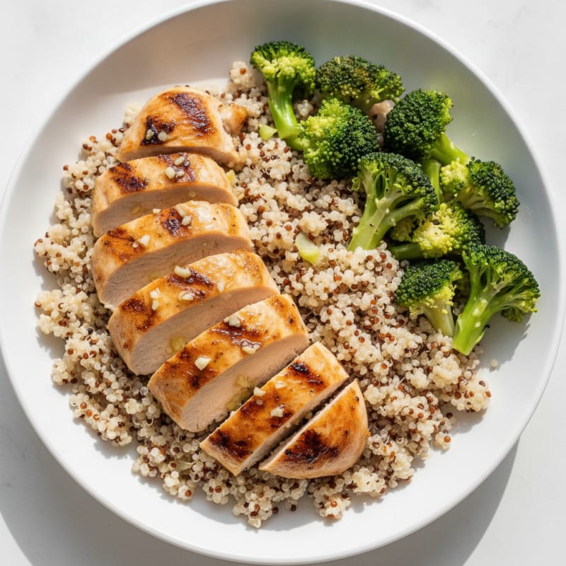 Grilled Lemon Garlic Chicken Breast with Quinoa and Steamed Broccoli