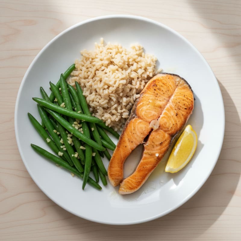 Seared Salmon with Garlic Green Beans and Brown Rice