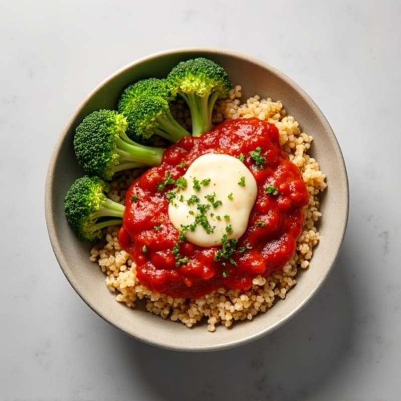 Ground Turkey Quinoa Bowl with Roasted Broccoli and Cheesy Marinara