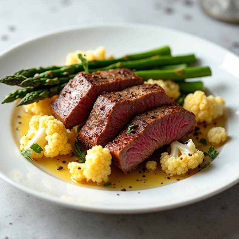 Seared Lean Beef Strips with Roasted Cauliflower and Asparagus