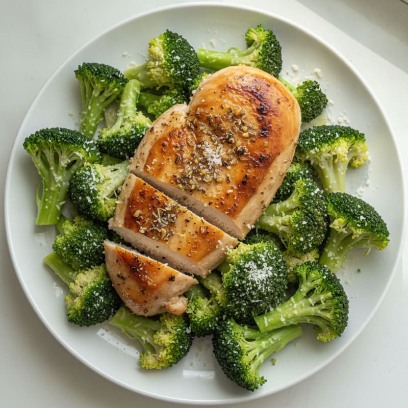 Herb-Roasted Chicken Breast with Steamed Broccoli and Parmesan