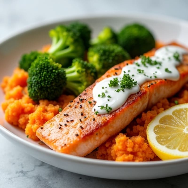 Seared Salmon Fillet with Roasted Broccoli and Sweet Potato Mash