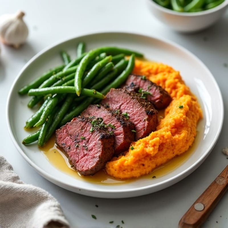 Seared Lean Beef with Garlic Green Beans and Sweet Potato Mash