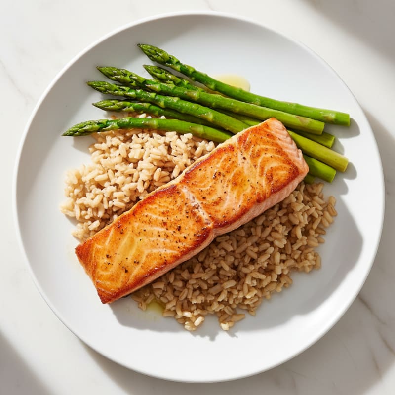 Seared Salmon with Steamed Asparagus and Brown Rice