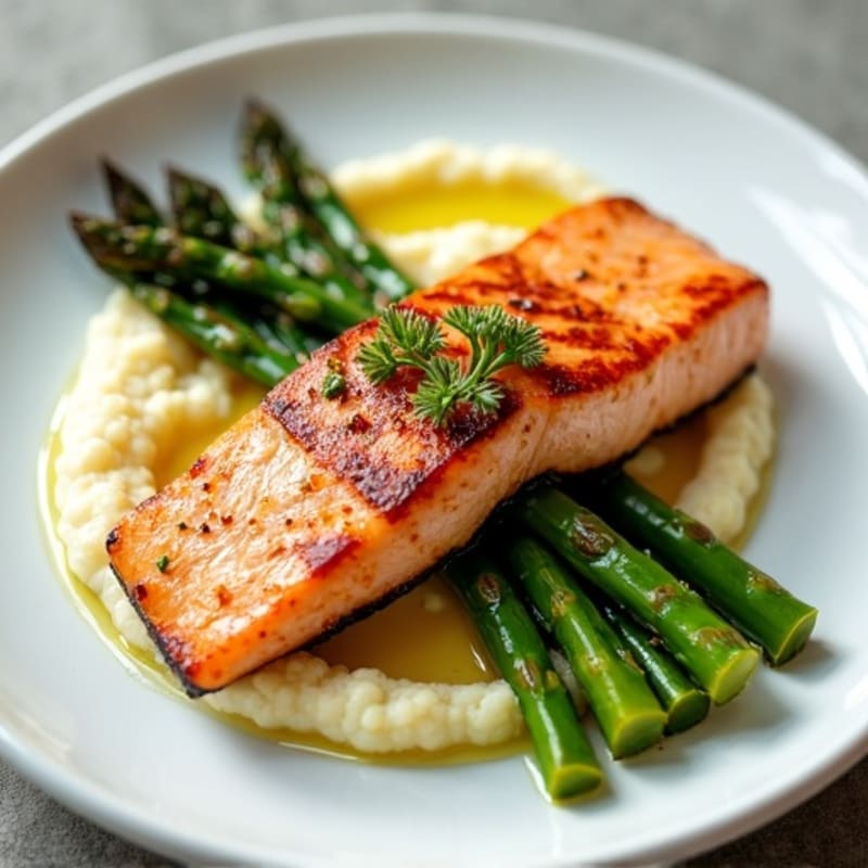 Seared Salmon with Roasted Asparagus and Cauliflower Mash