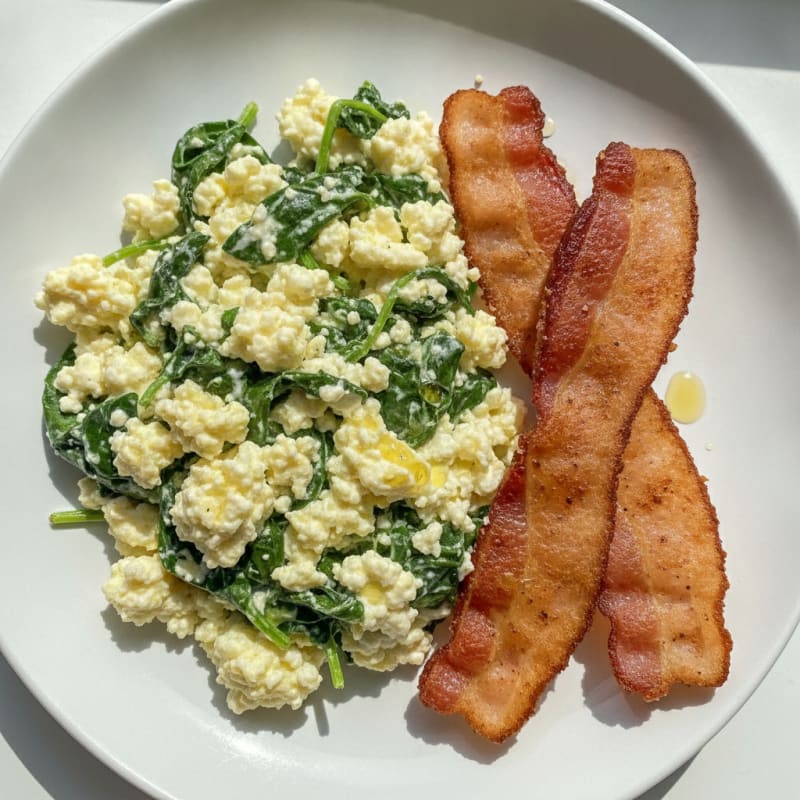 Cottage Cheese Scramble with Spinach and Turkey Bacon