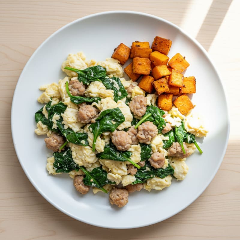 Egg White Scramble with Turkey Sausage and Spinach