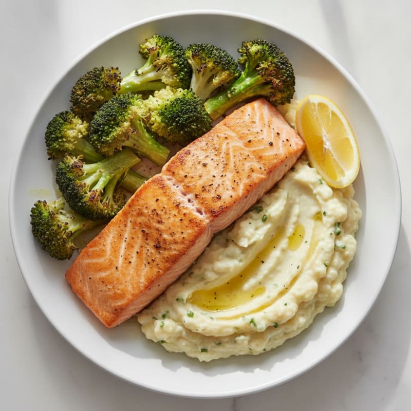 Seared Salmon with Roasted Broccoli and Garlic Mashed Cauliflower