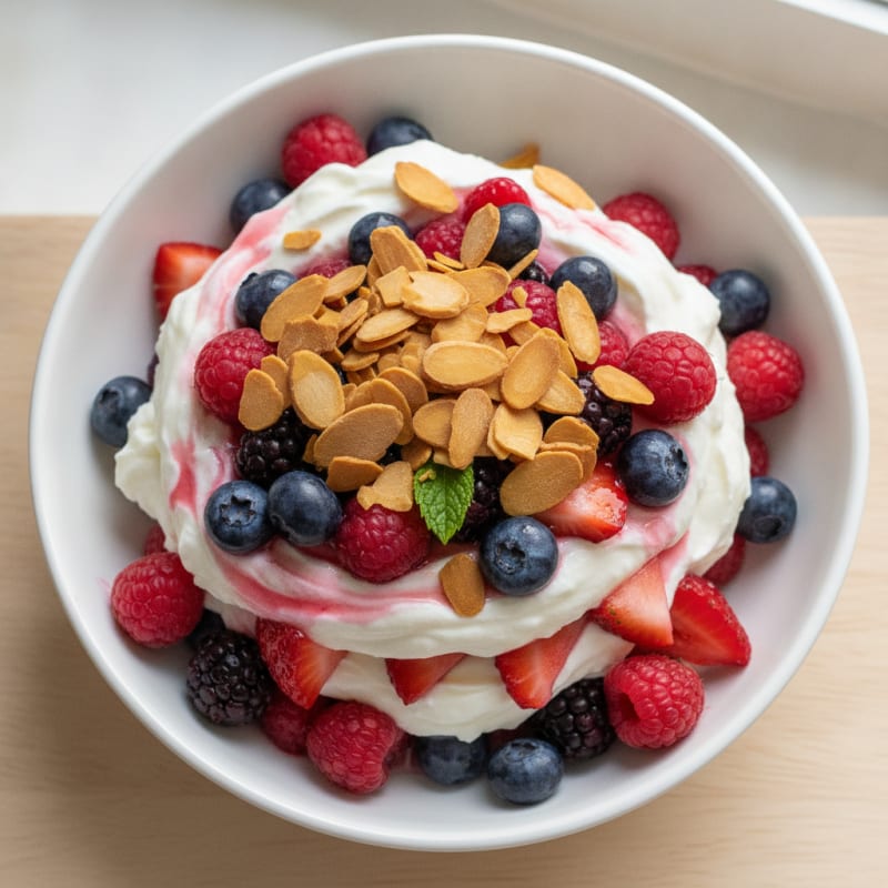 Greek Yogurt Protein Parfait with Mixed Berries and Almonds