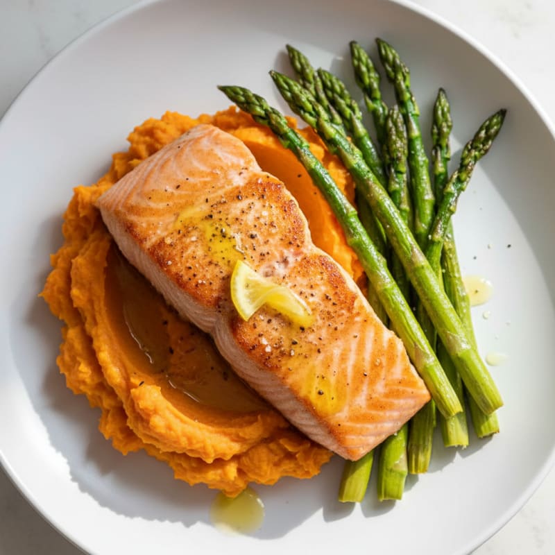 Seared Salmon Fillet with Roasted Asparagus and Sweet Potato Mash