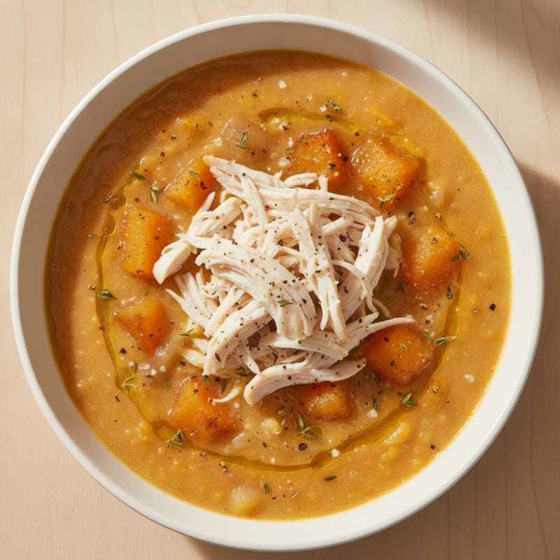 Roasted Butternut Squash and Apple Soup with Shredded Chicken
