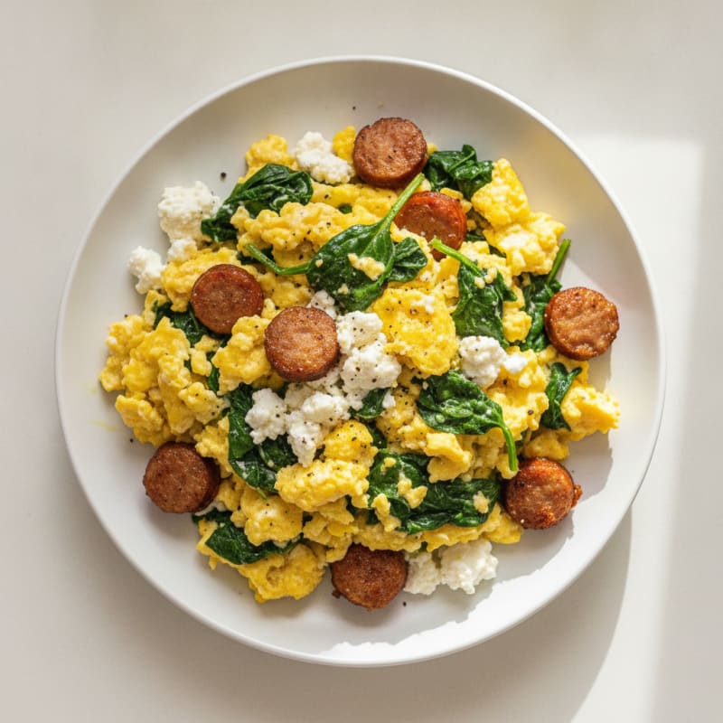 Cottage Cheese Egg Scramble with Spinach and Turkey Sausage