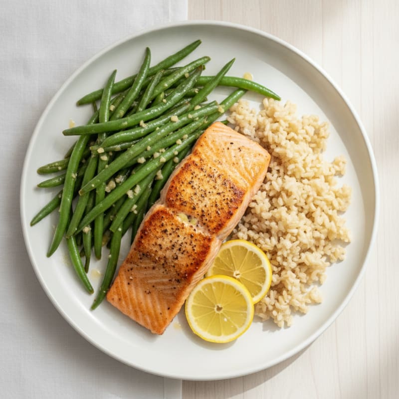 Seared Salmon Fillet with Garlic Green Beans and Brown Rice