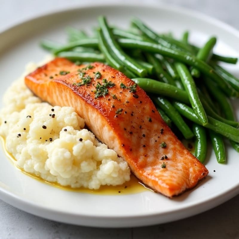 Seared Salmon with Steamed Green Beans and Garlic Cauliflower Mash