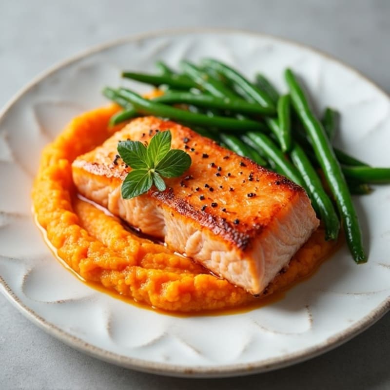 Seared Salmon Fillet with Steamed Green Beans and Sweet Potato Mash