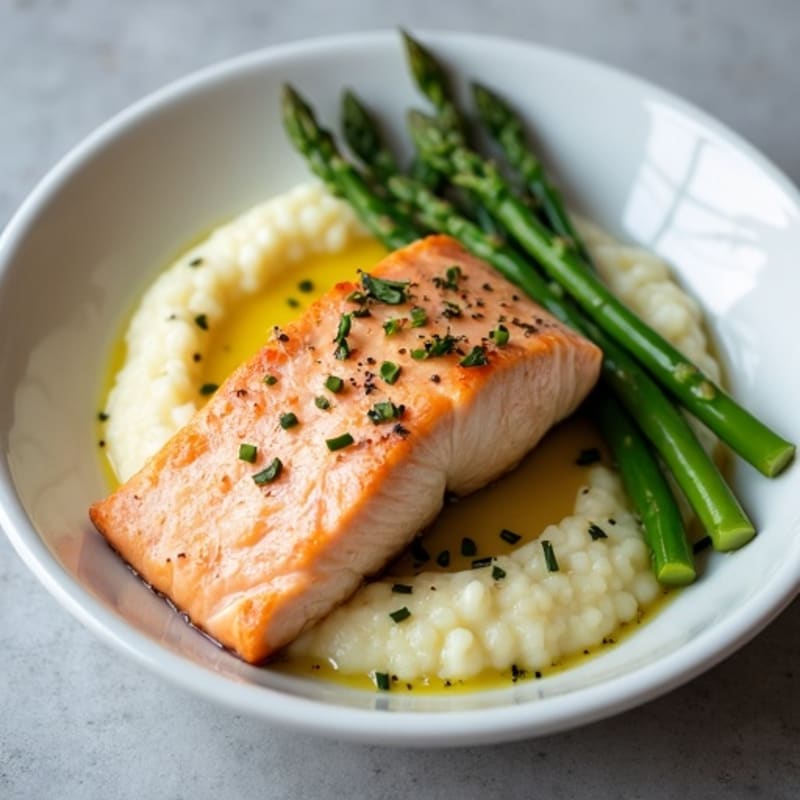 Seared Salmon with Steamed Asparagus and Cauliflower Mash