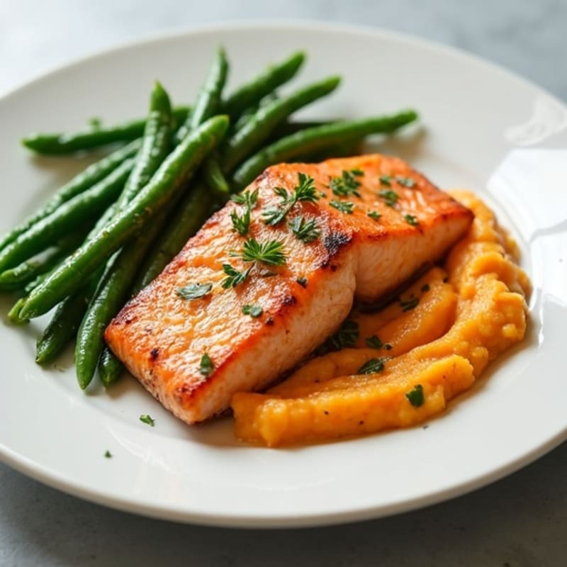 Baked Salmon with Garlic Green Beans and Sweet Potato Mash