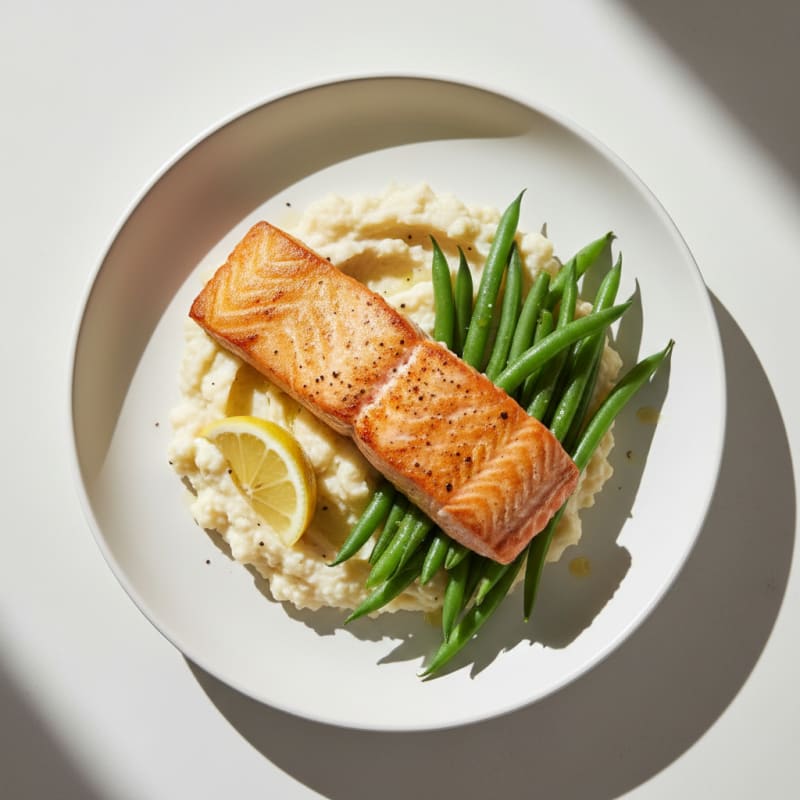 Seared Salmon with Steamed Green Beans and Cauliflower Mash
