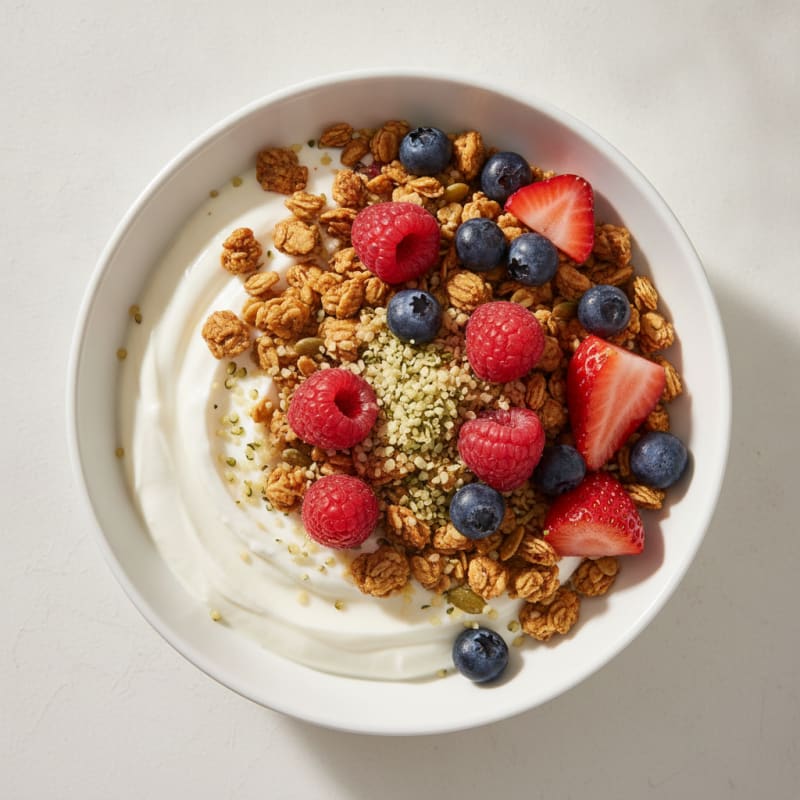 Silky Greek Yogurt Bowl with Protein Granola and Mixed Berries