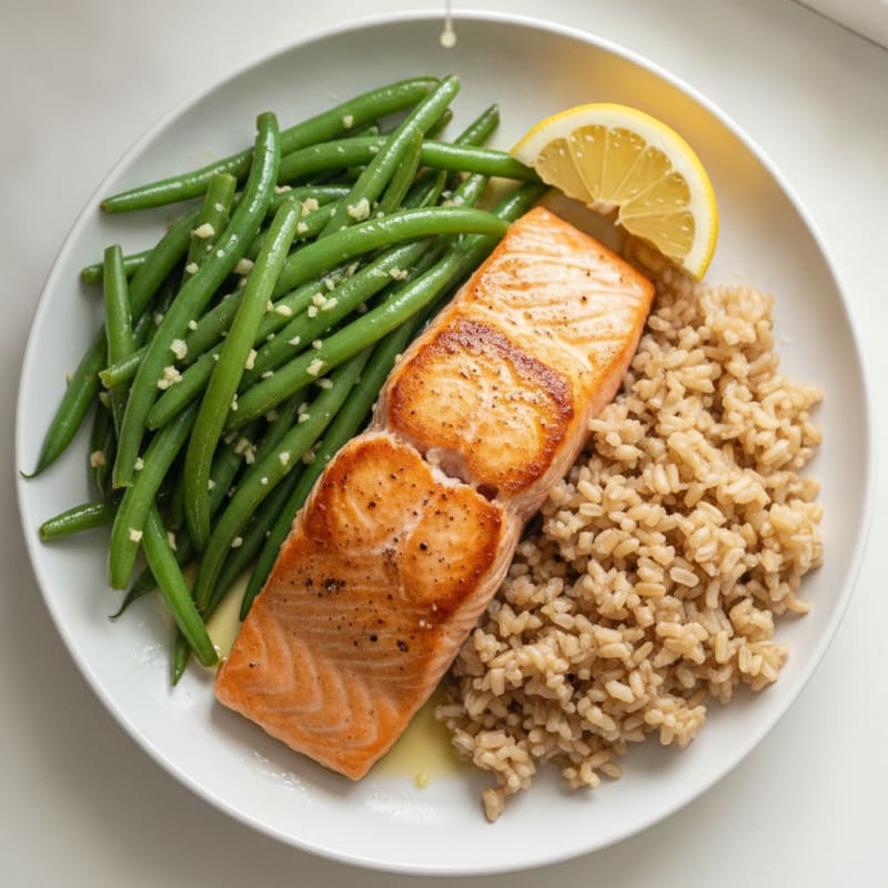 Seared Salmon with Garlic Green Beans and Brown Rice