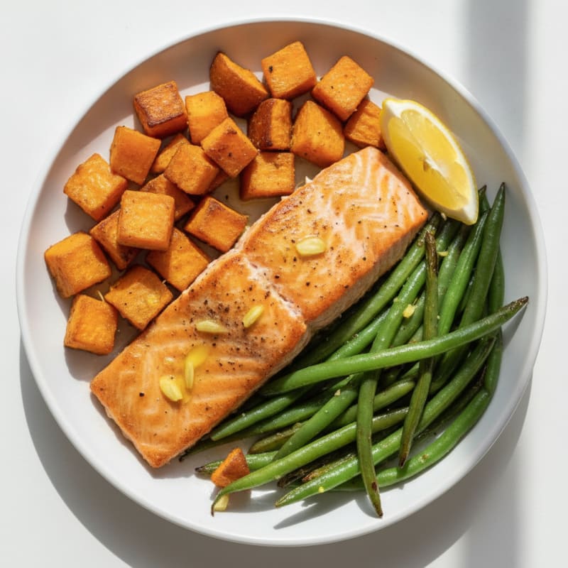 Seared Salmon with Roasted Sweet Potato and Green Beans