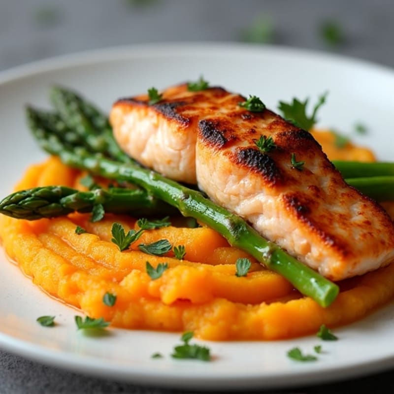 Seared Salmon with Steamed Asparagus and Sweet Potato Mash