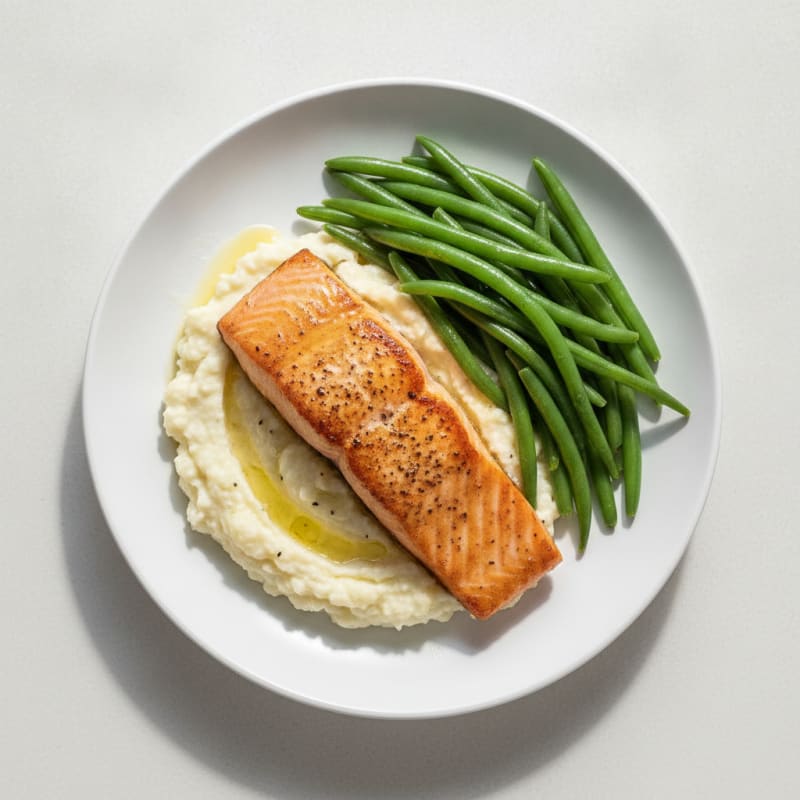 Seared Salmon with Steamed Green Beans and Garlic Mashed Cauliflower