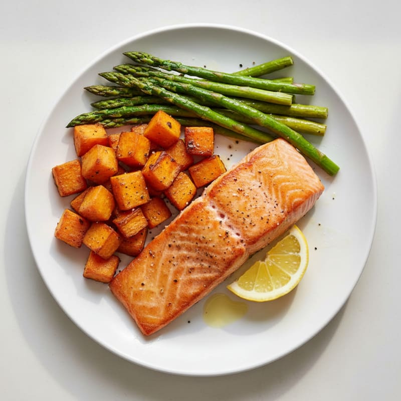 Seared Salmon with Roasted Sweet Potato and Asparagus