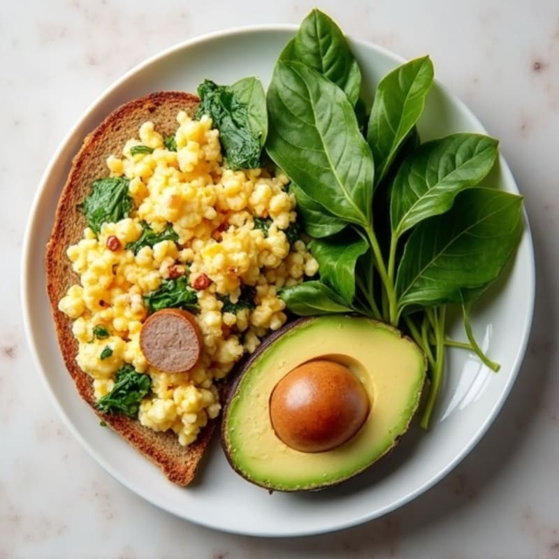 Egg White and Spinach Scramble with Turkey Sausage and Toast with Avocado