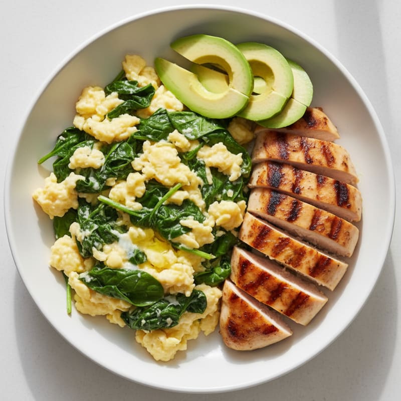 Scrambled Eggs with Sautéed Spinach and Grilled Chicken Breast