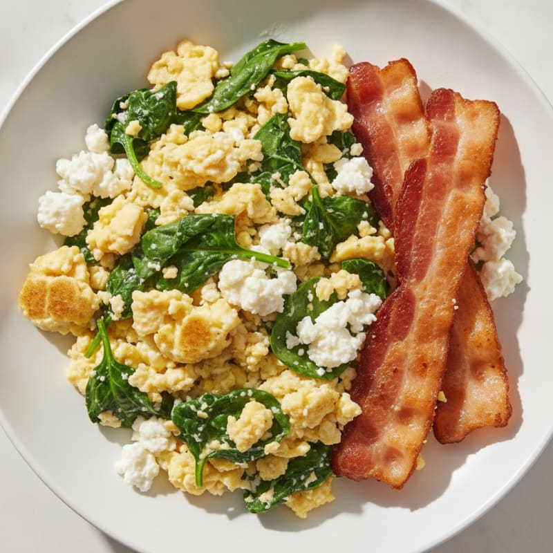 Cottage Cheese Egg Scramble with Spinach and Turkey Bacon