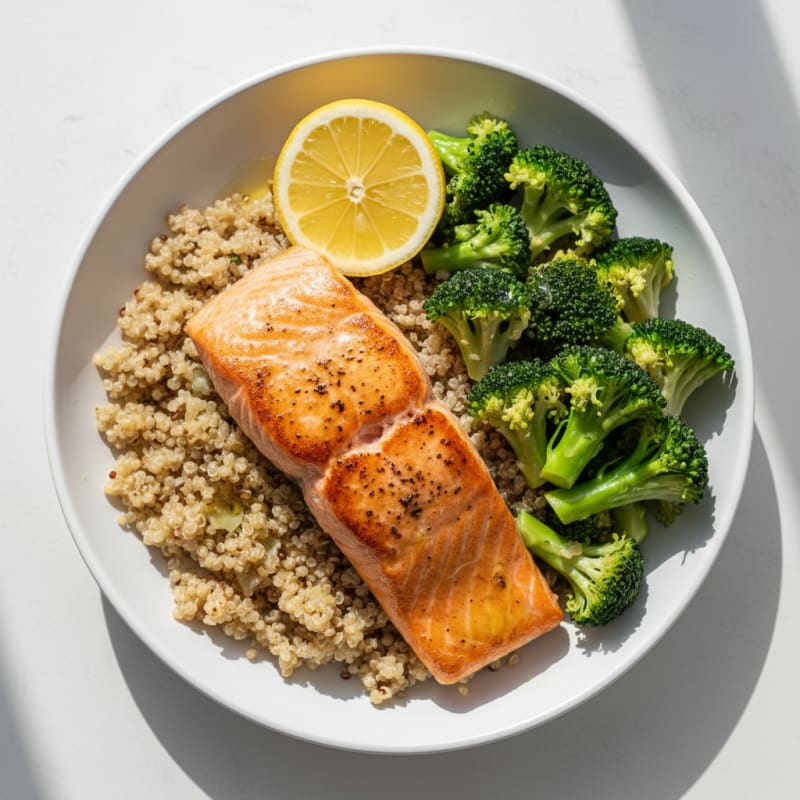 Seared Salmon with Steamed Broccoli and Quinoa
