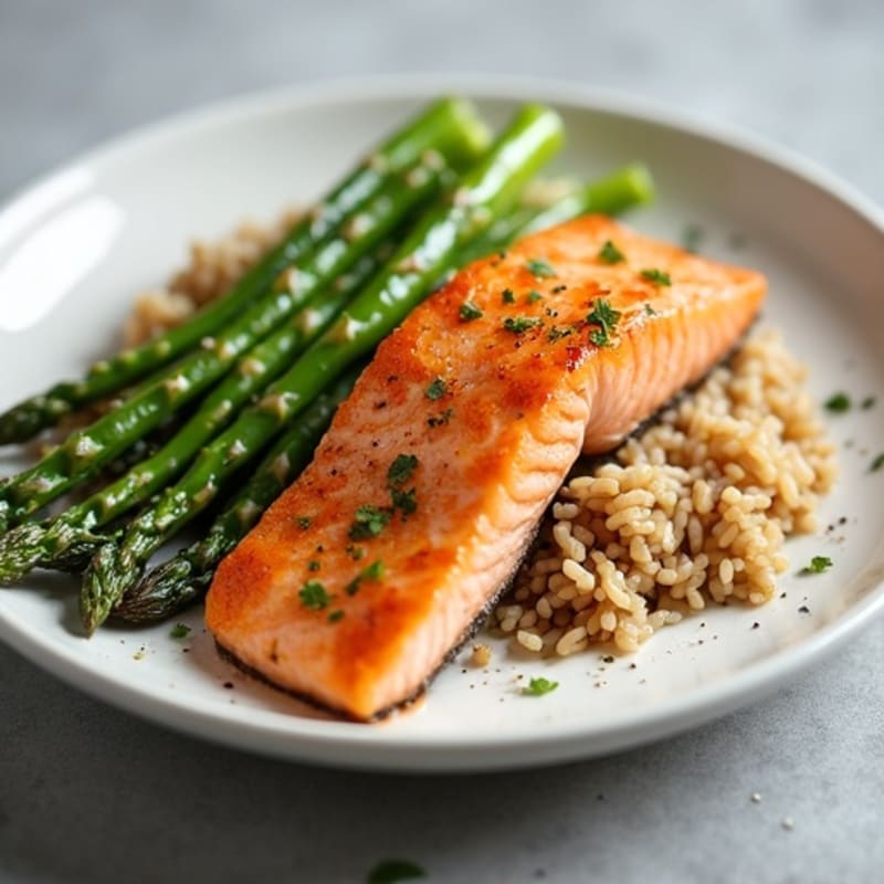 Seared Salmon with Steamed Asparagus and Brown Rice