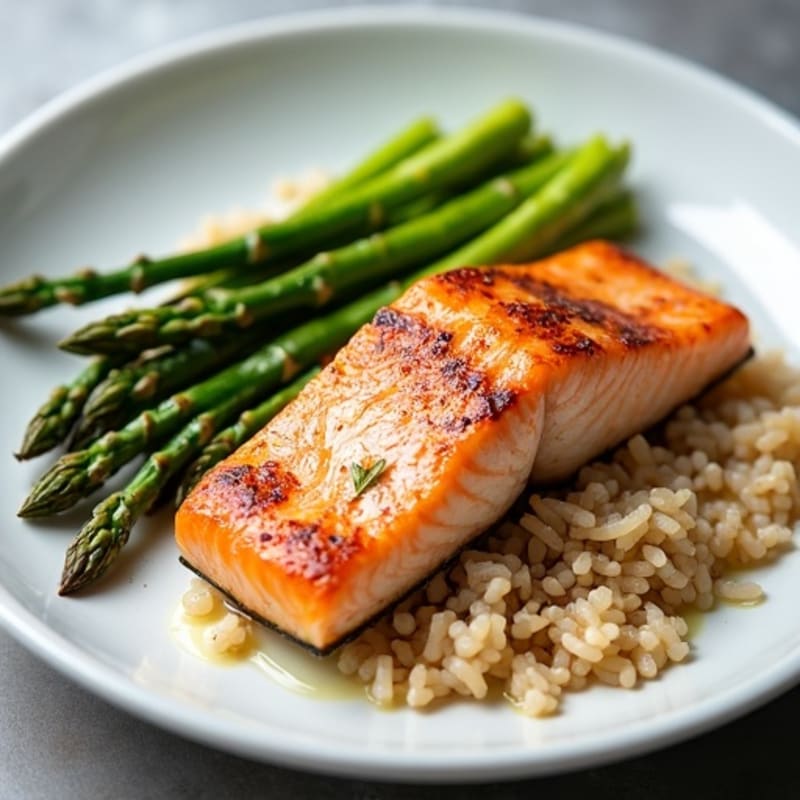 Seared Salmon Fillet with Steamed Asparagus and Brown Rice