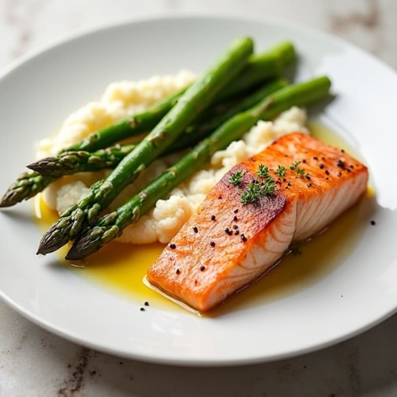 Seared Salmon Fillet with Steamed Asparagus and Garlic Cauliflower Mash